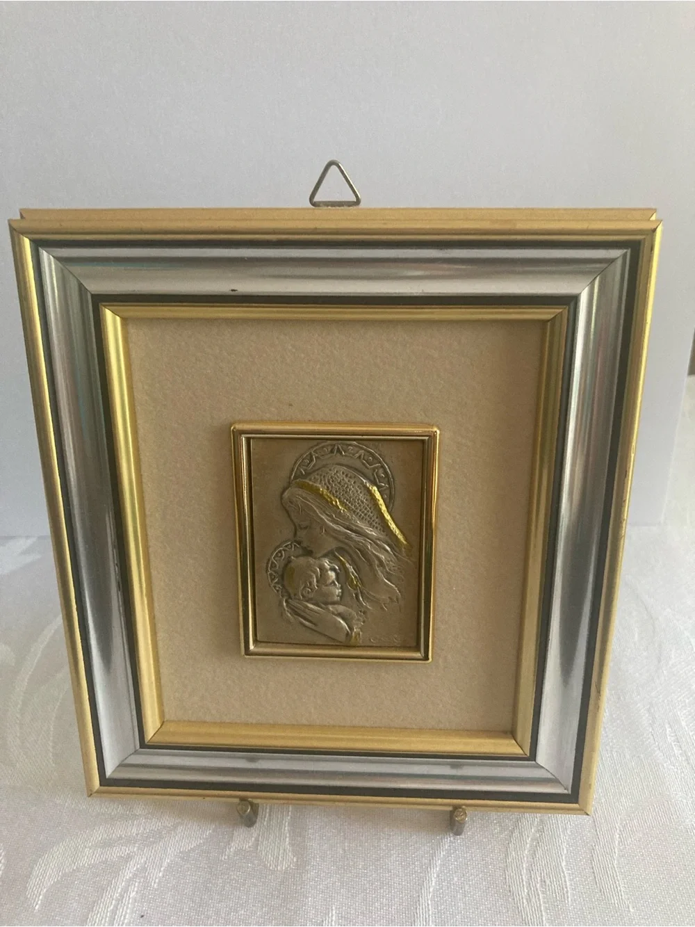 Sterling Silver Madonna and Child Set in a Wooden Frame Made in Italy